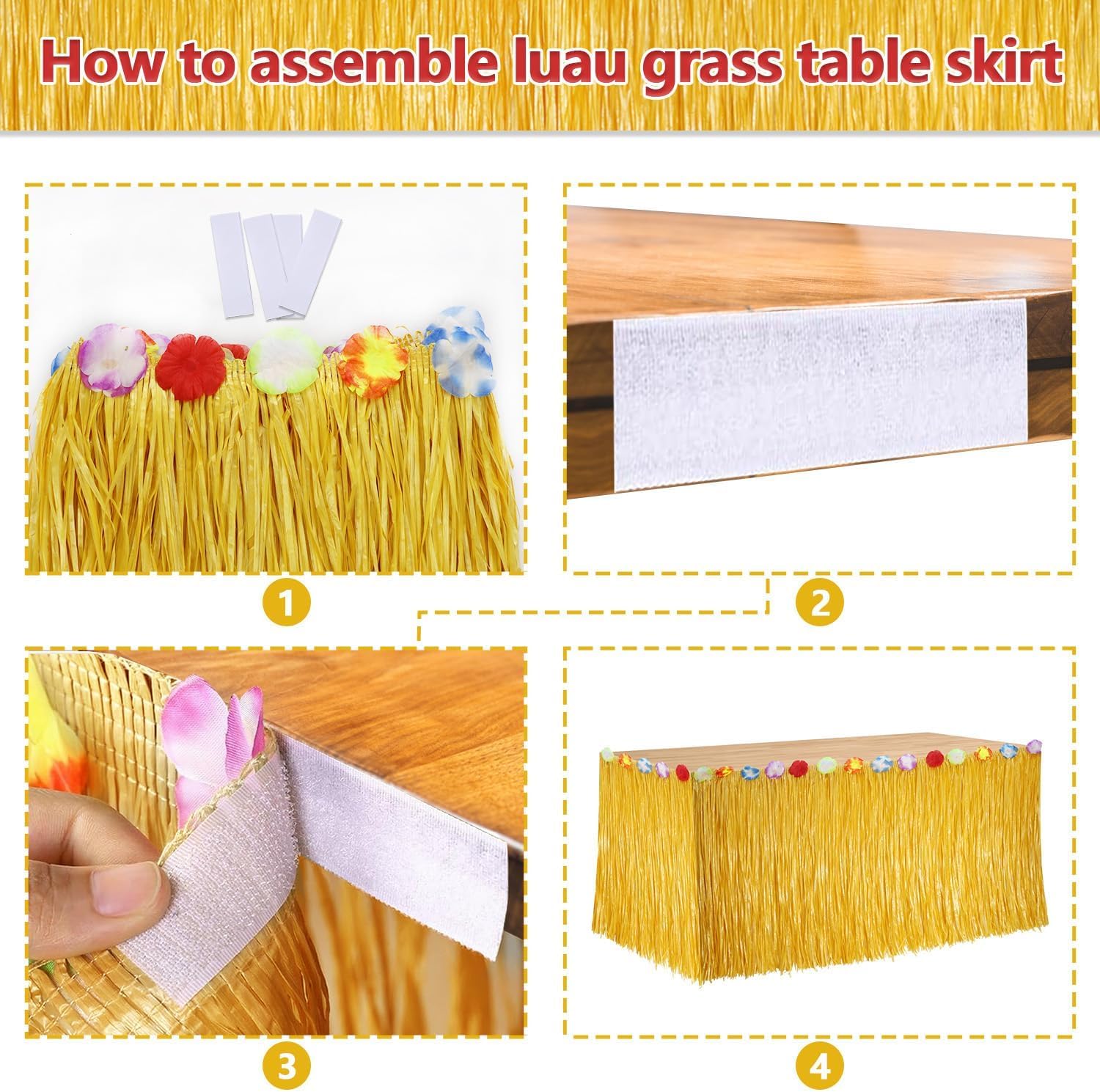2Pc Luau Grass Table Skirt, Hawaiian Party Decorations Hawaiian Table Skirt 30'' x 9 Feet with Hibiscus Flowers Straw Yellow Party Skirt for Luau Party Hawaiian Theme Party - Image 7