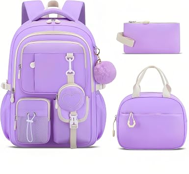 3Pcs Backpack for Girls with Lunch Box Kids School Bag with Heart Coin Purse Bookbag for Elementary Middle School