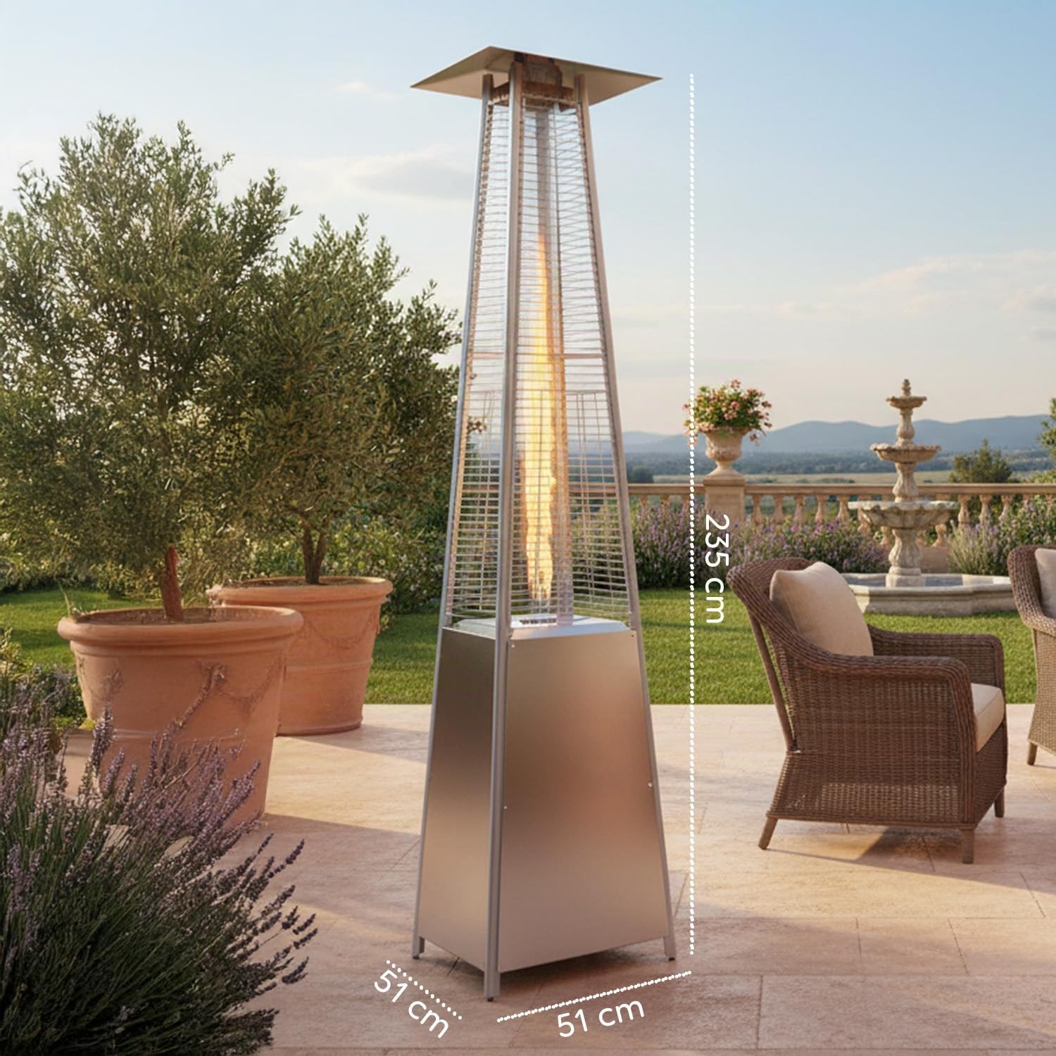 Avilia – Stufa Piramidale a Gas da Esterno Aura 12kW con Accensione Piezoelettrica e Termostato Regolabile per Terrazze e Giardini, Funzionamento con Bombola GPL o Butano, Design Moderno - Grigia