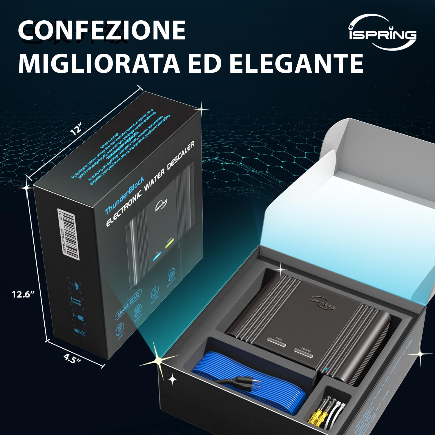 iSpring EDV2 Decalcificatore Elettronico per Tutta la Casa Senza Sale | 10 Volte più Potente, Struttura in Lega, Riduce il Calcare, Aiuta a Prevenire i Depositi