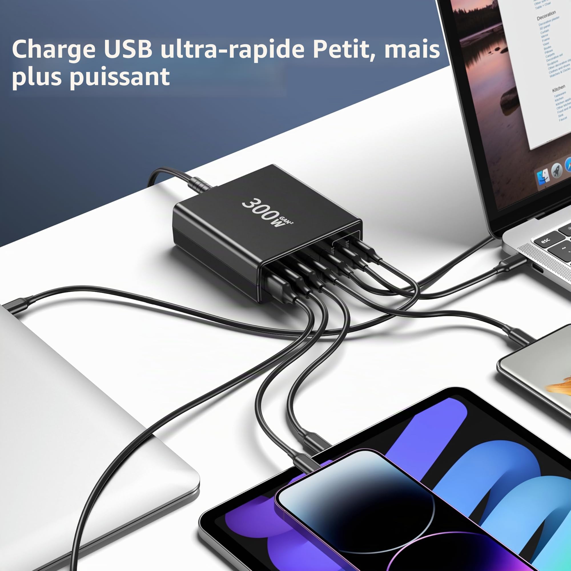 FINIBO Chargeur USB-C 300W Multiple 7 Ports (4 USB-C, 3 USB-A) avec PPS Dual-PD pour MacBook Pro/Air, iPad Pro/Air, Samsung