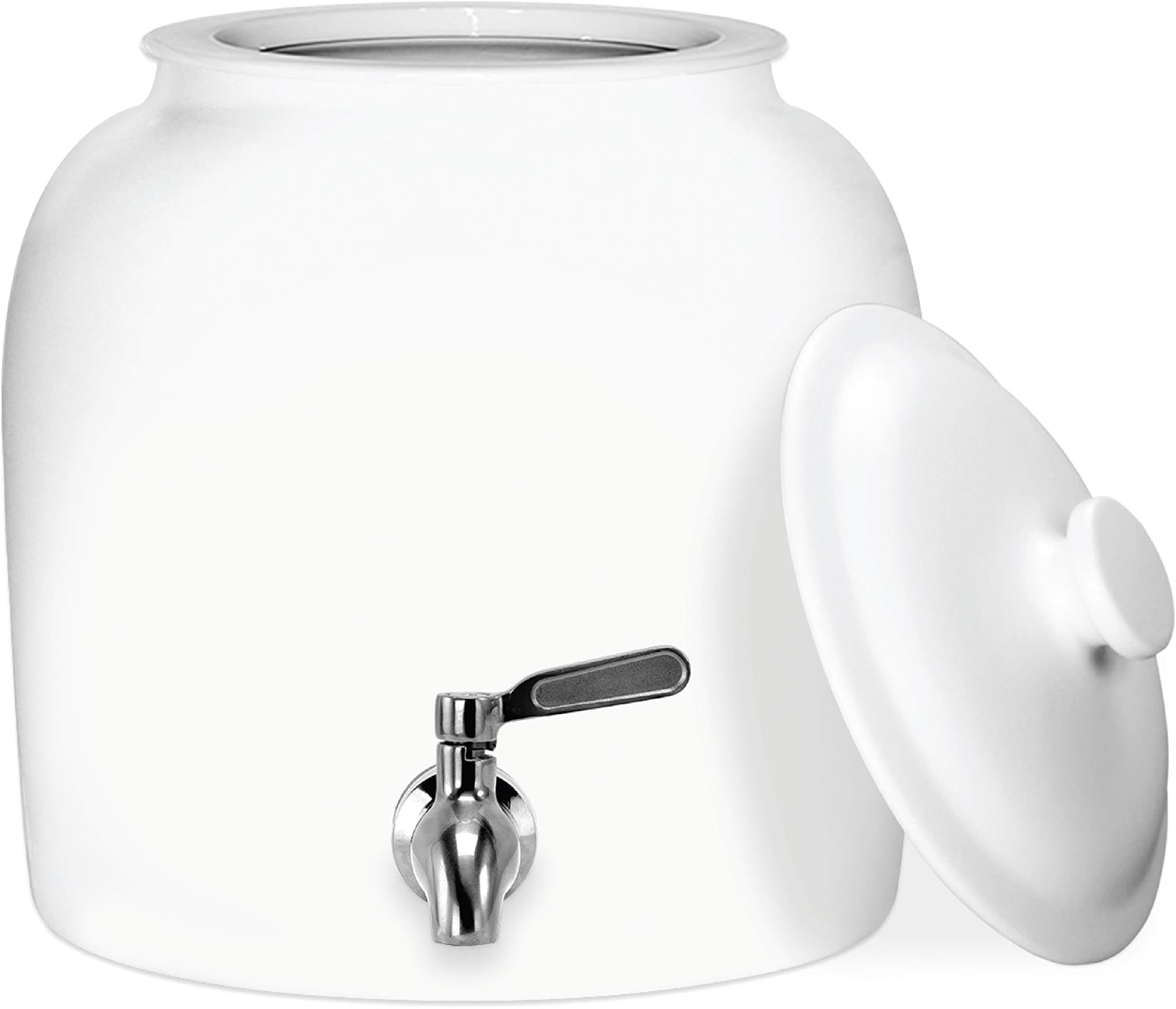 Geo Sports Porcelain Ceramic Crock Water Dispenser, Stainless Steel Faucet, Valve and Lid Included. Fits 3 to 5 Gallon Jugs. (Solid White)