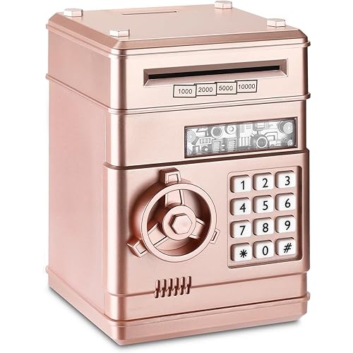 Piggy Bank, Electronic Password Cash Coin Can Auto Scroll Paper Money Saving Box Toy Gift for Kids (Rose Gold)