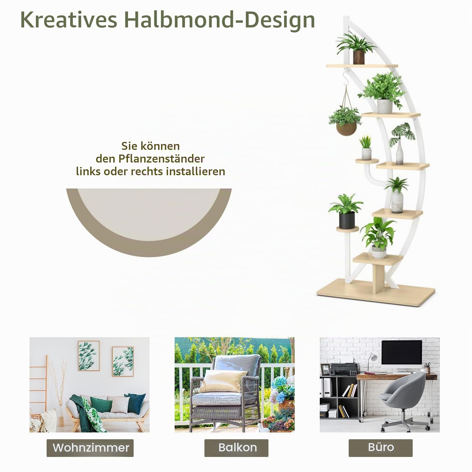 KOMFOTTEU 5-Stöckiger Pflanzenständer, Metall-Blumenständer, Pflanzentreppe mit Kippschutz, Blumentreppe mit 7 Ebenen & 1 Haken, Display-Regal für Garten Balkon Wohnzimmer, Weiß (2 Stück)