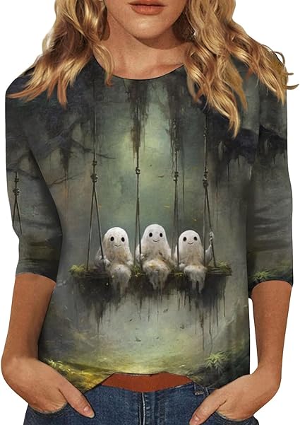 Halloween Shirts for Women 3/4 Sleeve Plus Size Crewneck Loose Fit Cute T Shirt Halloween Costumes for Women 2025
