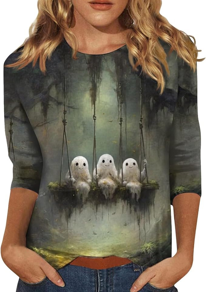 Halloween Shirts for Women 3/4 Sleeve Plus Size Crewneck Loose Fit Cute T Shirt Halloween Costumes for Women 2025