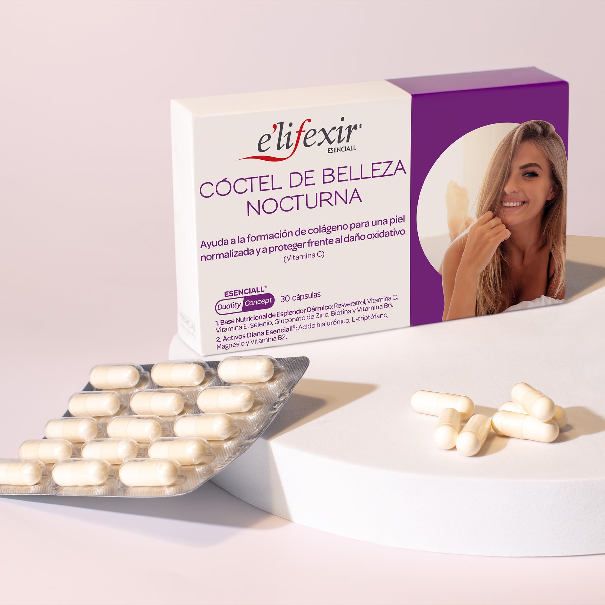 Elifexir Esenciall Cóctel de Belleza Nocturna, Cápsulas de Ácido Hialurónico y Vitamina C, Ayuda a la Formación de Colágeno y Protege del Daño Oxidativo, 60 Cápsulas