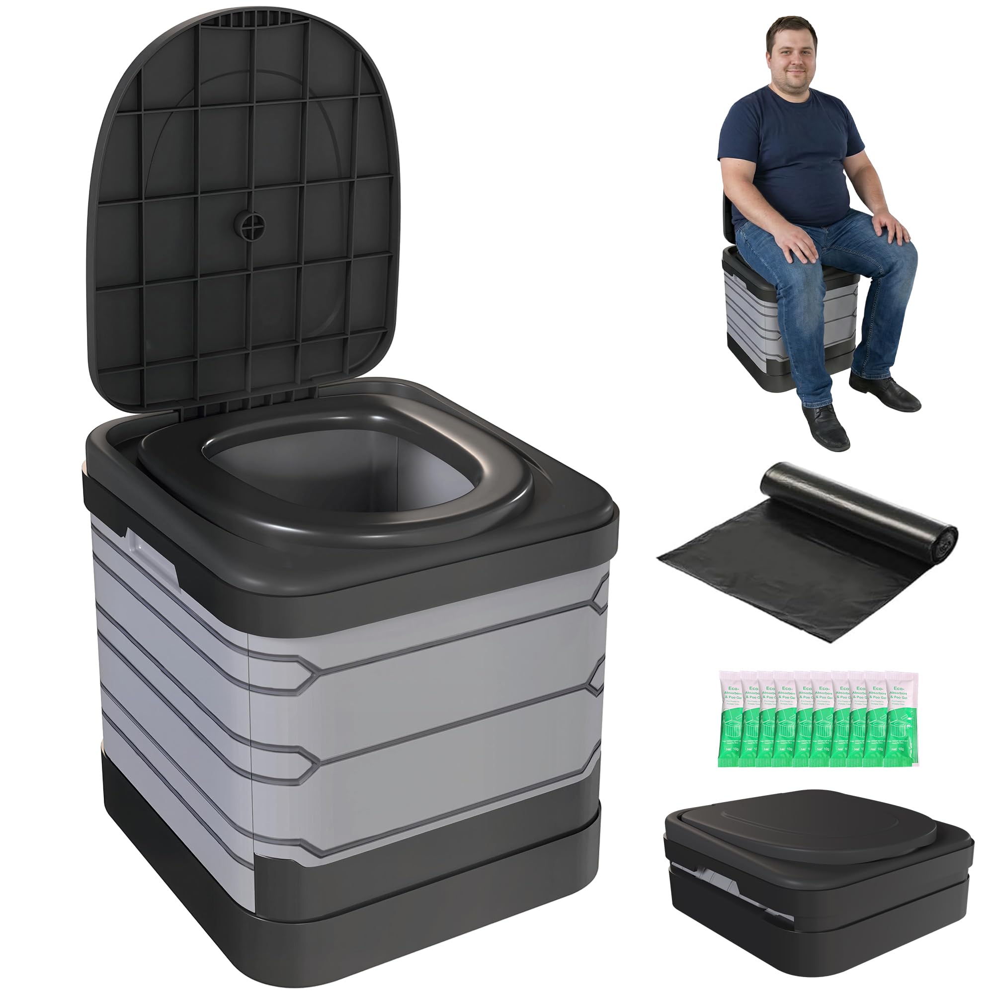 Outsunny Toilette Portable Camping Toilette de Camping pour Hommes et Femmes - Seau Hygiénique pour Voiture avec 12 Sachets Coagulants et 12 Sacs Jetables, Gris