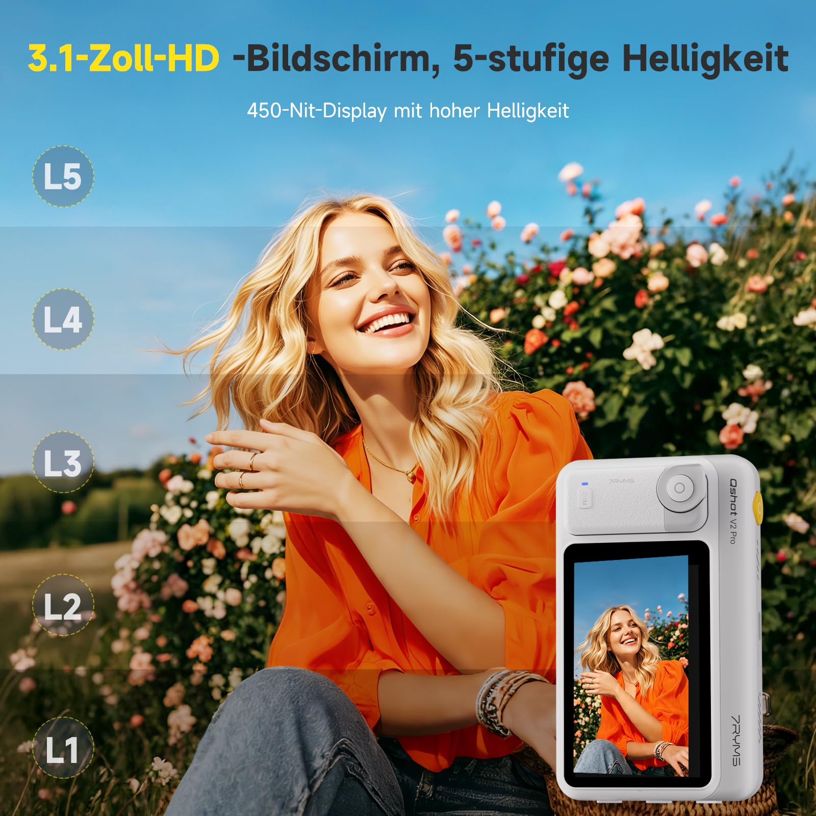 7RYMS Qshot V2 PRO Kabelloser Selfie Monitor für iPhone 17/16 & Android, Magnetischer Smartphone Rückkamera Monitors mit 4K/60fps, 50 m Reichweite, Lautsprecher, Vlog Monitor für YouTube TikTok (Weiß)