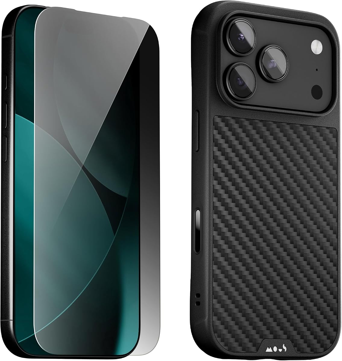 Mous for iPhone 17 Pro Case and Privacy Screen, Carbon Fibre Phone Case | Mous for iPhone 17 Pro Case and Privacy Screen Protector, Military-Grade Protection Shockproof Carbon Fibre Phone Case for
