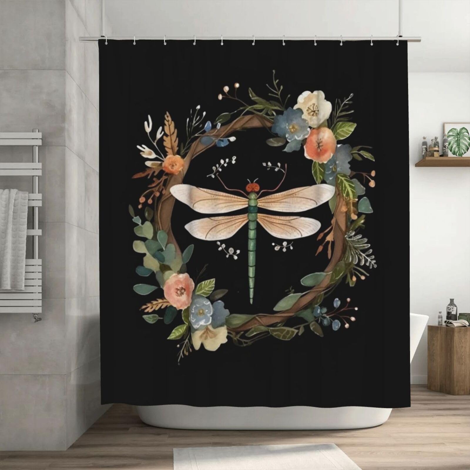 Rideau de douche anti-moisissure libellule avec anneaux, grand format imperméable 182x182