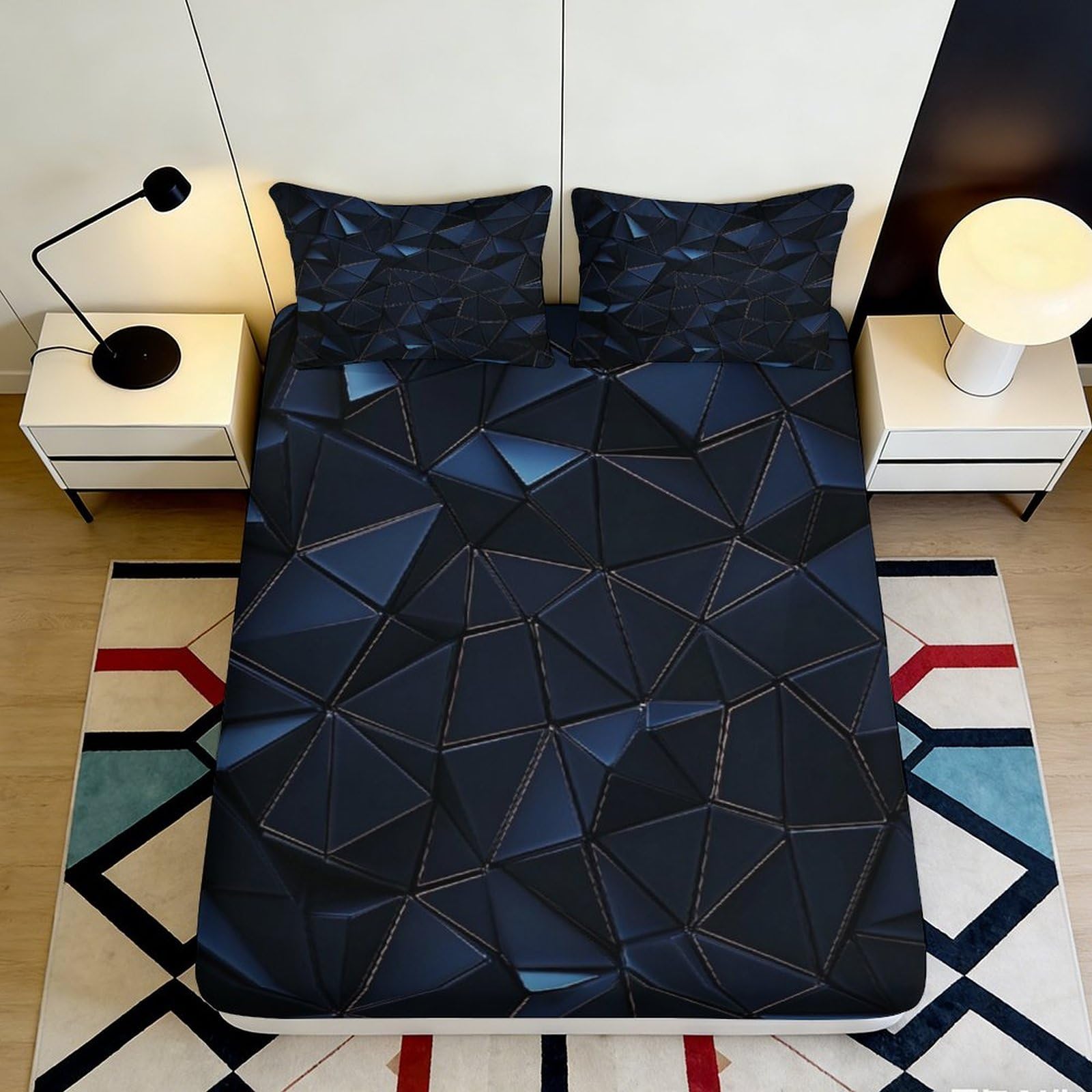 3D Printed Geometric Black Fitted Sheet Microfiber Soft Breathable Polygon Mattress Cover for Bedroom Dorm Decor 140x200x25cm