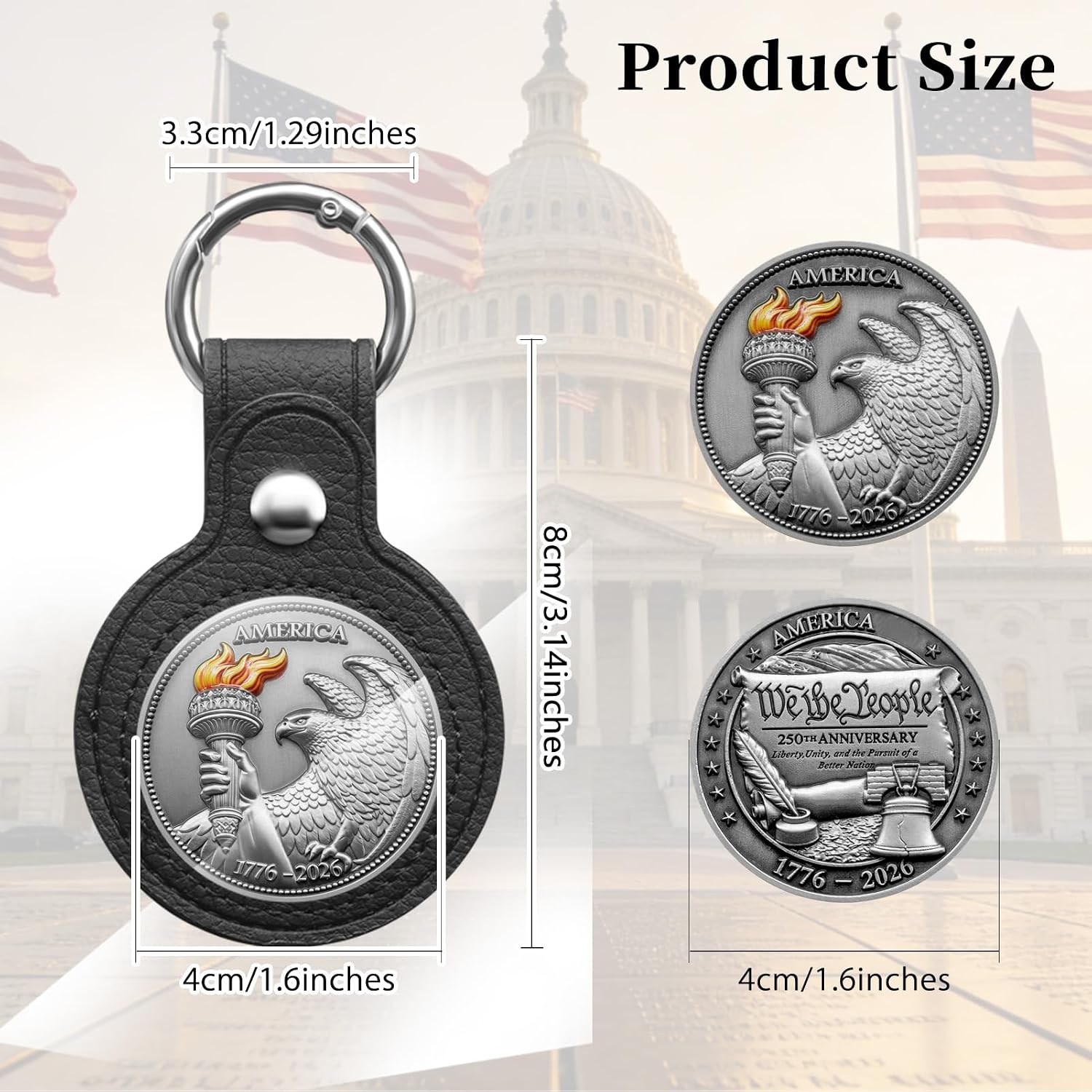 Anniversary Challenge Coin Medal Keychain Patriotic with Leather Coin Holder
