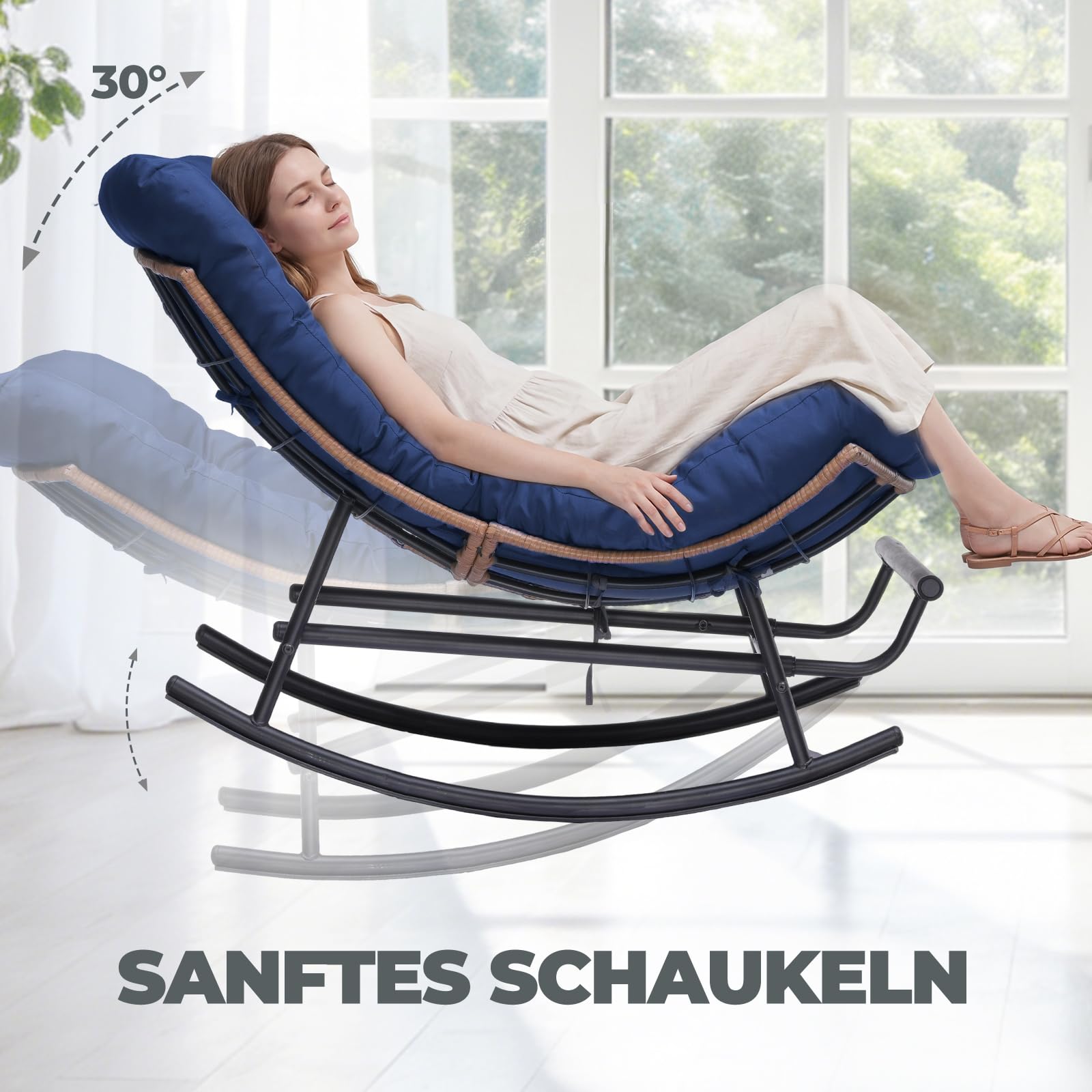COMHOMA Übergroßer Schaukelstuhl, breite Schaukelliege mit extra dickem Sitzkissen, bequemer Loungesitz für den Innen- und Außenbereich, Wohnzimmer, Terrasse, Garten, Veranda (blau)