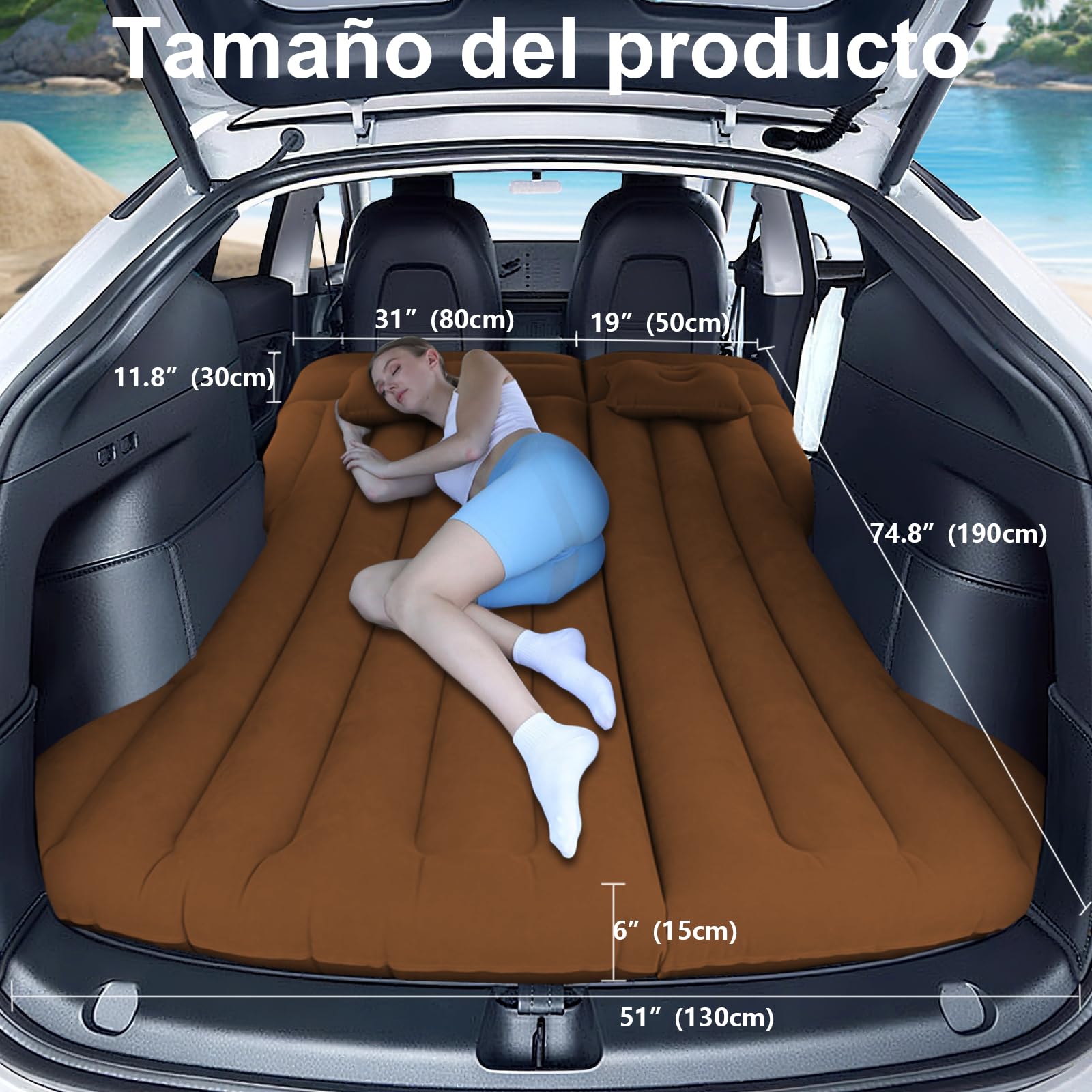 Colchón de Coche Inflable con Bomba de Aire y Almohada, Cama Portátil para Viajes y Camping, Grueso y Duradero (marrón)