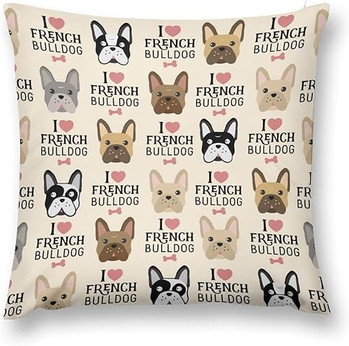 Funda de almohada I Love French Bulldog para decoración del hogar, 18 x 18 pulgadas, fundas de almohada de felpa corta suave para sofá, cama, silla