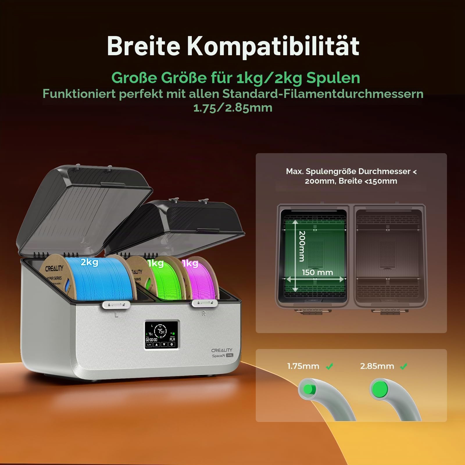 Creality Filament Trockner für 4 Spulen, SpacePi X4L, zwei unabhängige Heizkammern, Temperatur bis 75 °C, LCD Touchscreen, Filament Trockenbox für PLA PETG ABS TPU PA