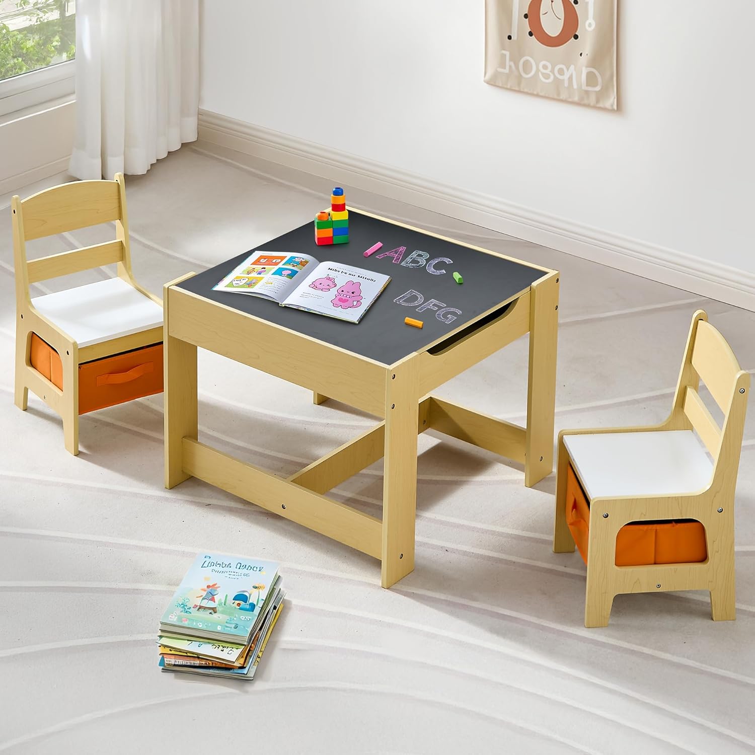 Product image of Kids Table and Chairs Set, 4 in 1 Wooden Kids Table with Reversible Tabletop, Children Activity Table with Removable Tabletop Storage, Toddler Table and Chair Set for Home, Nursery, Playroom