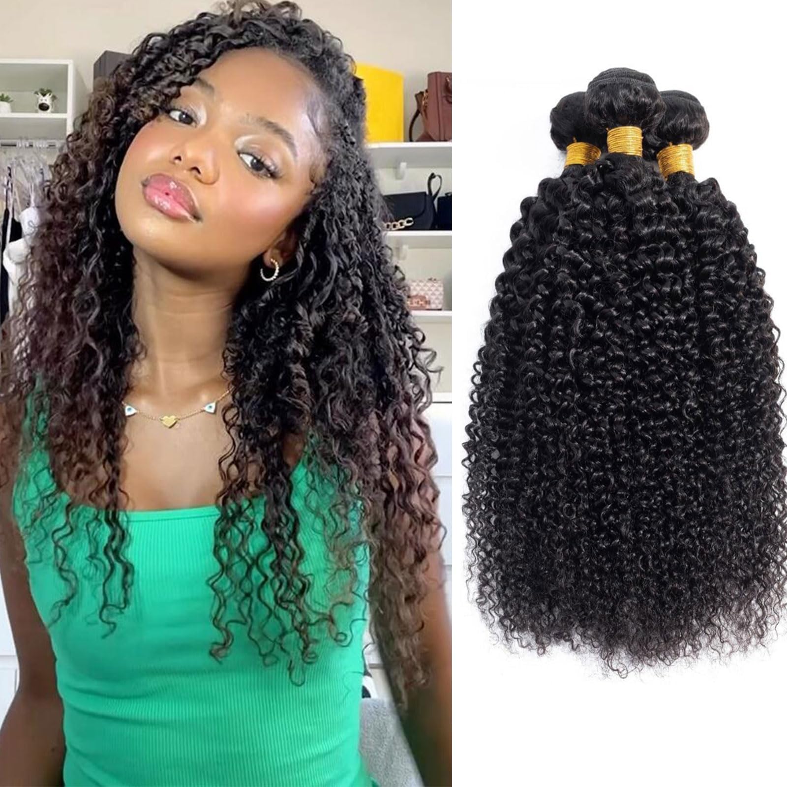 EMOL Kinky Curly Bundles Human Hair 16 18 20 inch 3 Bundles 285g-300g Unprocessed Virgin Brazilian Kinkycurly Weave for Black Women 3B4A Natural Black Kinky Hair for Quick Weave and Sew In