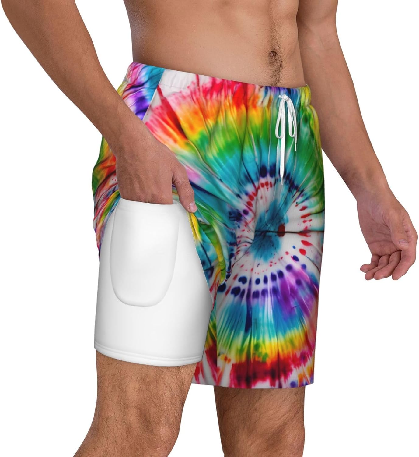 Tie Dye Hippies Print Men's Athletic Swim Shorts, Surf Pants with Compression Liner & Utility Pockets