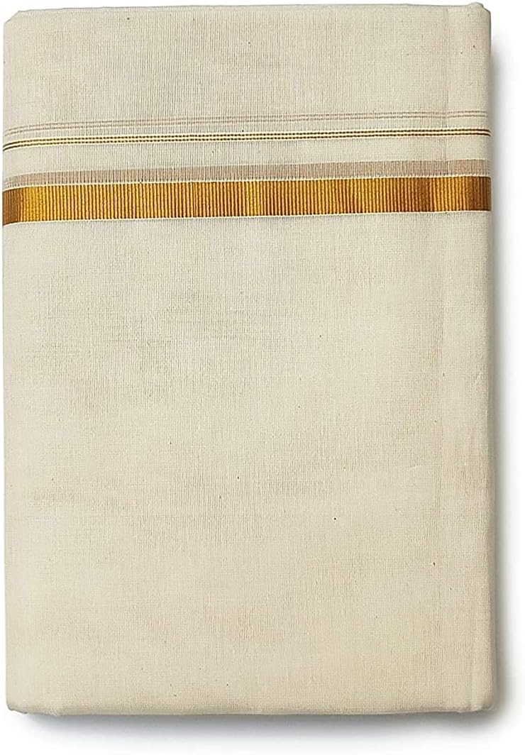 Kolakeer™ Men's Cotton Dhoti with Elegant Kasavu Zari Border - 3.6 Mtrs/8 Mulam/Double Layer South Indian Veshti Mundu (30K Gold Zari, Cream)