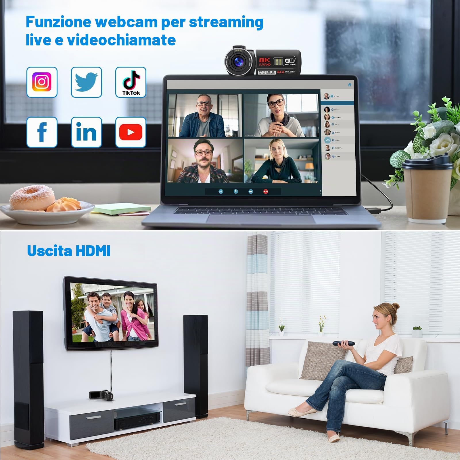 Videocamera Digitale 8K 64MP 18X per YouTube con 3 Pollici Flip Screen, Vlogging con Scheda SD da 32 GB, Telecomando 2.4G, Due Batterie