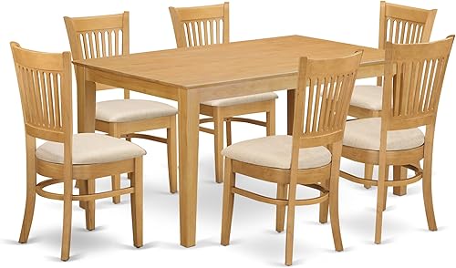 East West Furniture CAVA7-OAK-C Juego de mesa de comedor de 7 piezas consta de una mesa rectangular de madera y 6 sillas de comedor de tela de lino,