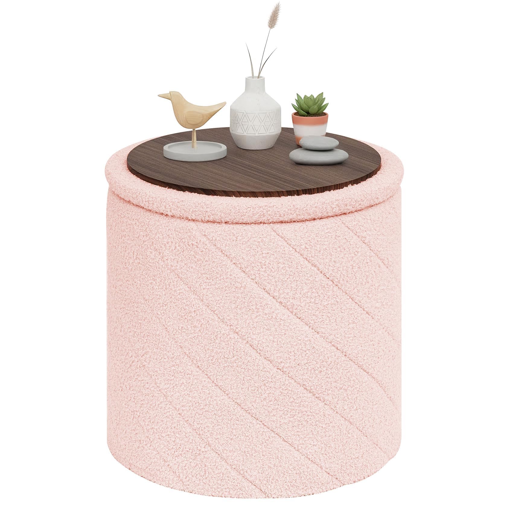PINPLUS Puff Almacenaje Plegable con Tapa Reversible, Taburete Otomano Redondo Teddy Bouclé, Reposapiés para Salón o Dormitorio, Ø 43 x 45 cm, Rosa