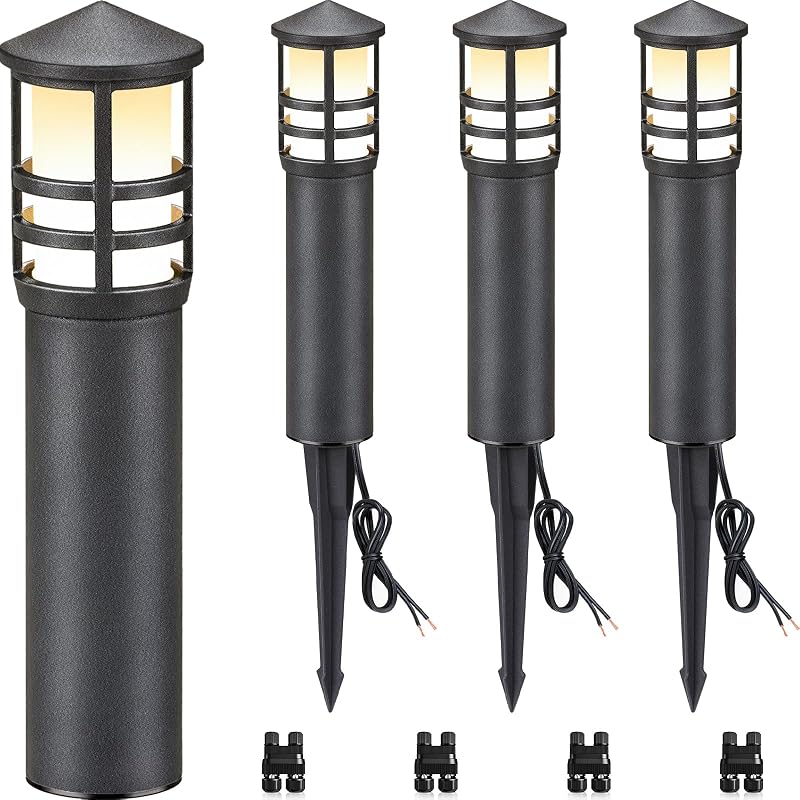 Paquete de 4 luces de camino de bajo voltaje 3W 3000K 12-24V LED luces de camino de bolardo de paisaje con conectores CRI 90+ iluminación de paisaje exterior de aluminio para pasarela jardín, cable certificado ETL | IP65 impermeable, 3000 K blanco cálido, 12-24 V CA/CC, aluminio, iluminación de paisaje exterior para pasarela jardín, con conector