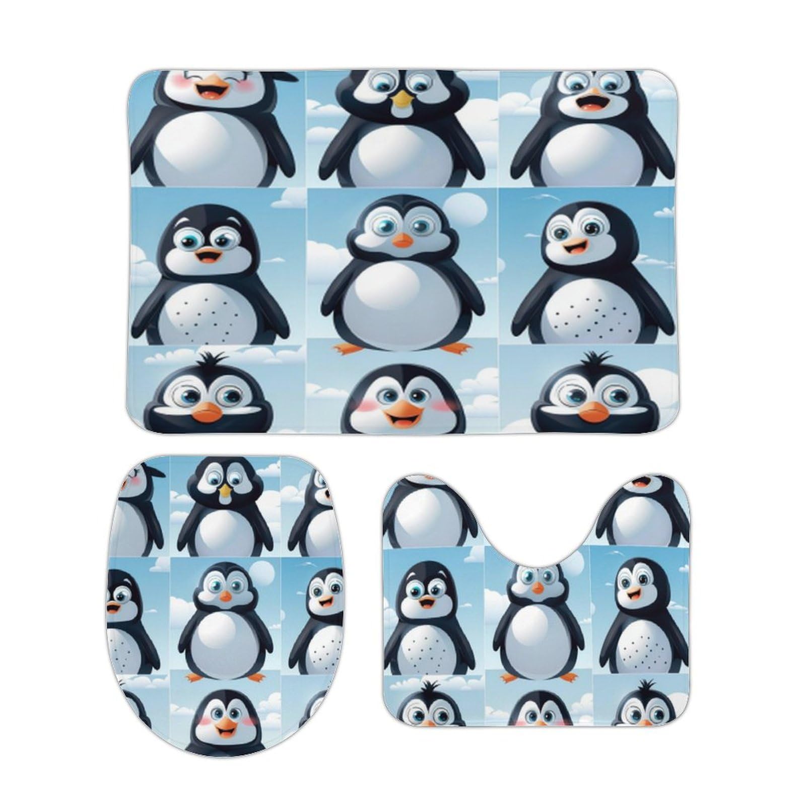 Tapis de salle de bain Pingouiness en flanelle antidérapante, ensemble 3 pièces complet
