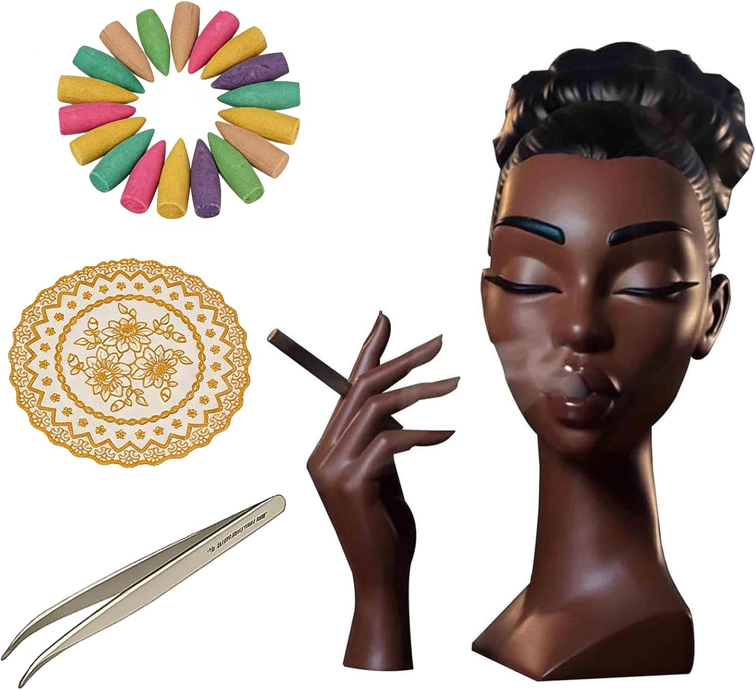 Head Incense Burner Black Woman, Funny and Elegant Head Scents Burner Black Women Facial Decoration, Waterfall Headscents Incense Holder, Ideal for Home Decor and Relaxation (A, Normal)