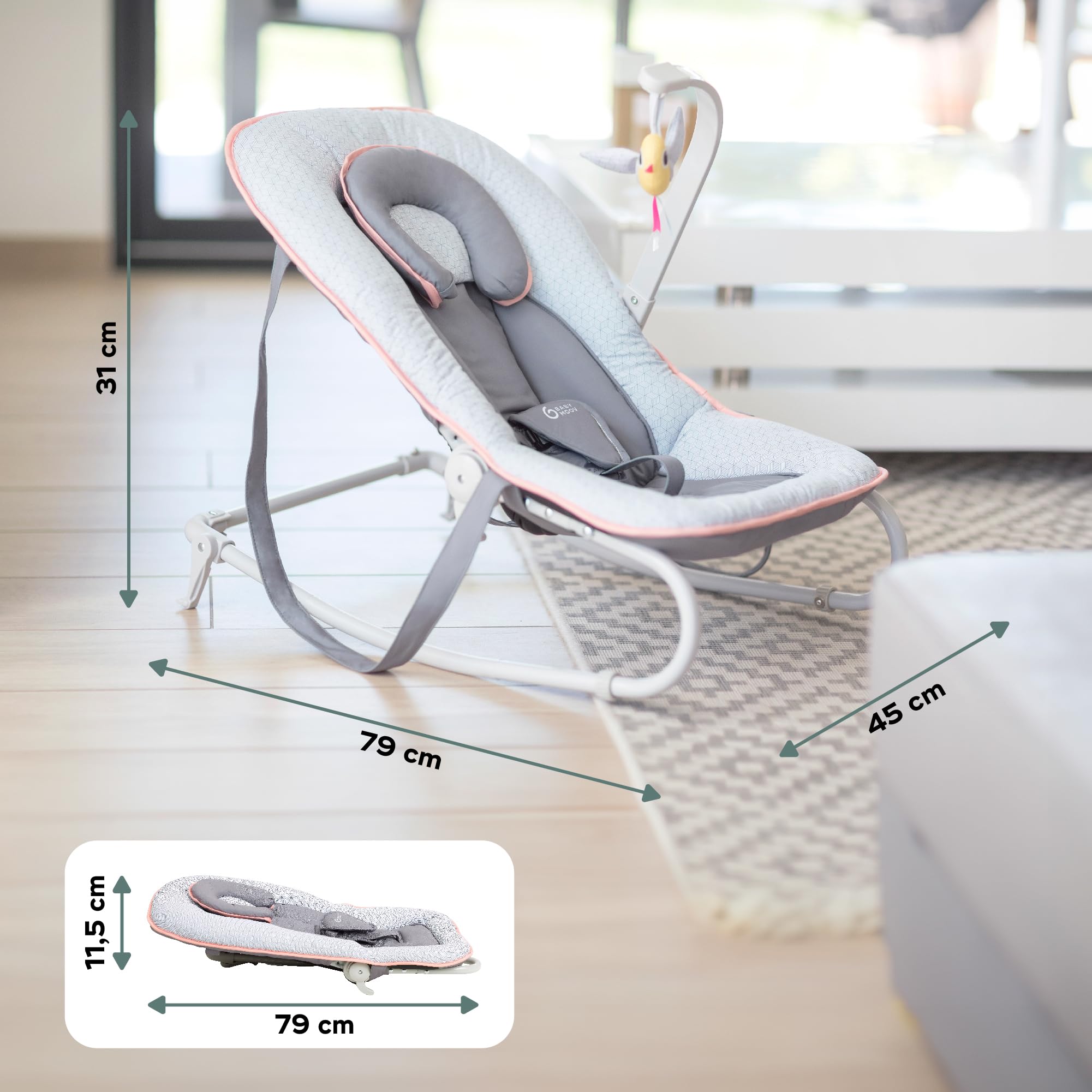 Babymoov Babywippe Graphik Peach, 5-fach verstellbare Rückenlehne, abnehmbarer Spielbogen