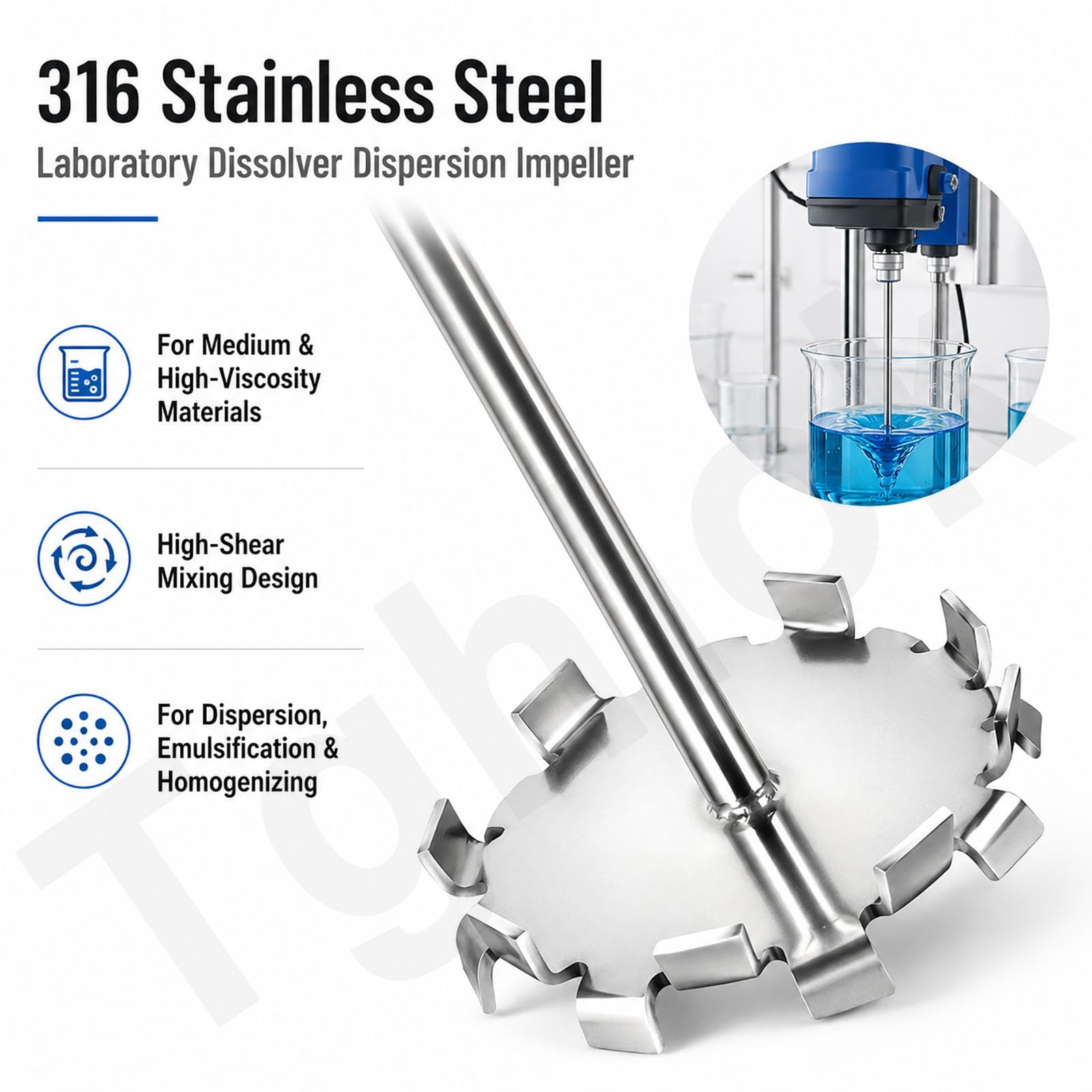 Impulsor Dispersor De Alto Cizallamiento De Acero Inoxidable 316 con Eje De 8 Mm Y Pala Mezcladora De 30 A 120 Mm para Disolución, Dispersión, Emulsificación Y 40mm 300mm