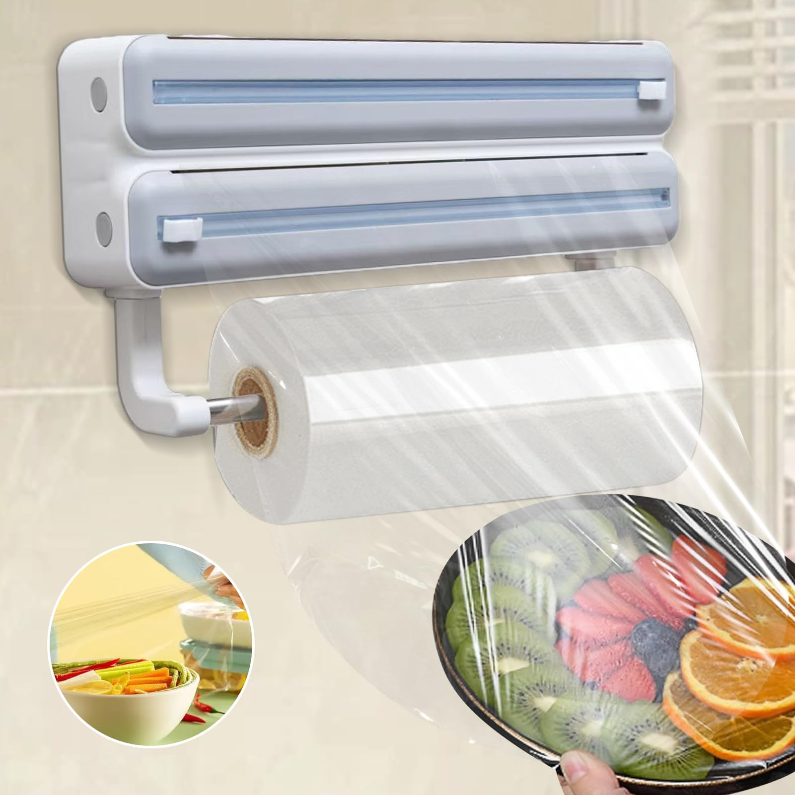 Dispensador de película Recargable – Soporte de Pared para Papel de Aluminio de Cocina, de Almacenamiento multirollo, Soporte de película de Corte con Estante para pañuelos, Ahorro de Espacio en