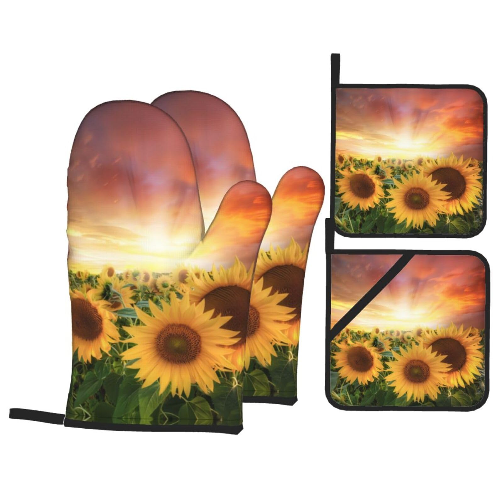 Sunflowers Sunset Sunlight Landscape Printed Baking 4-Piece Set, includes oven mitts and a heat-resistant mat, suitable for oven and BBQ use