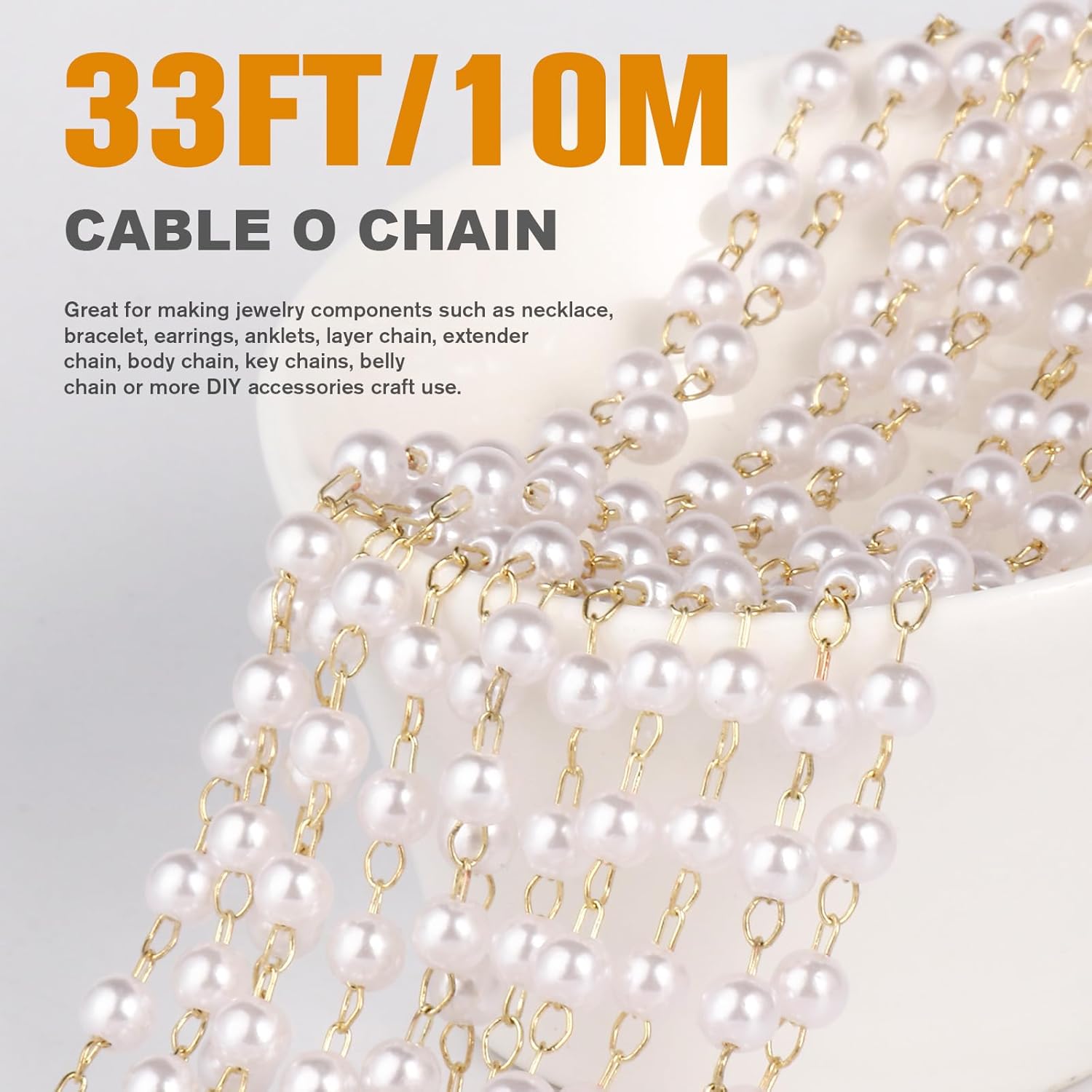 33 Feet Gold Pearl Beads Chains Roll, 6mm Faux Pearls Beaded Gold Plated Brass Cable Link Chain Spool Bulk for Jewelry Making DIY Craft