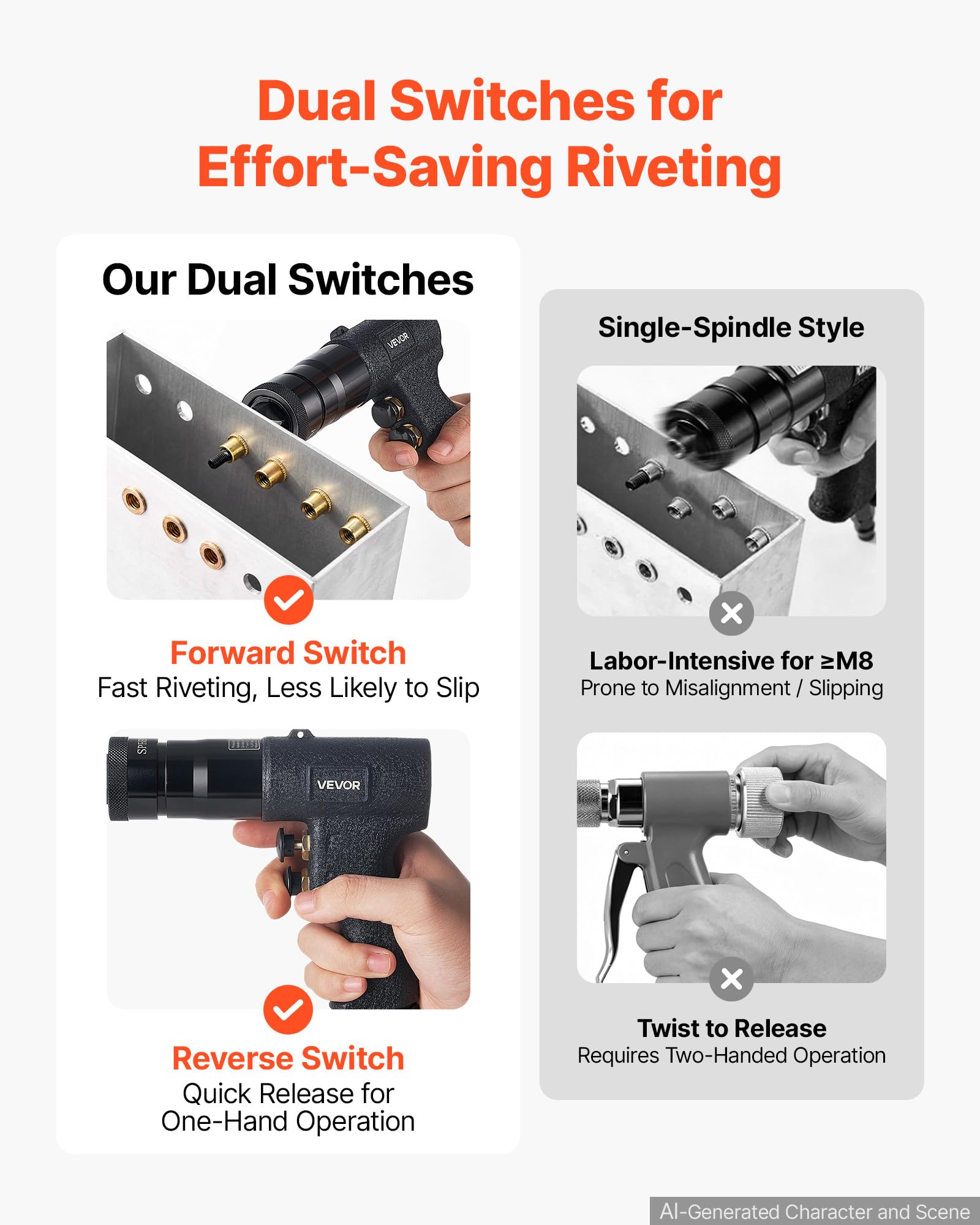 VEVOR Kit Rivettatrice Pneumatica per Inserti Filettati, 20 Pezzi Mandrini | Mandrini M5 M6 M8 M10, Forza di Trazione 1134 kg, Interruttore Avanti/Indietro, per Auto, Edilizia e Produzione Industriale
