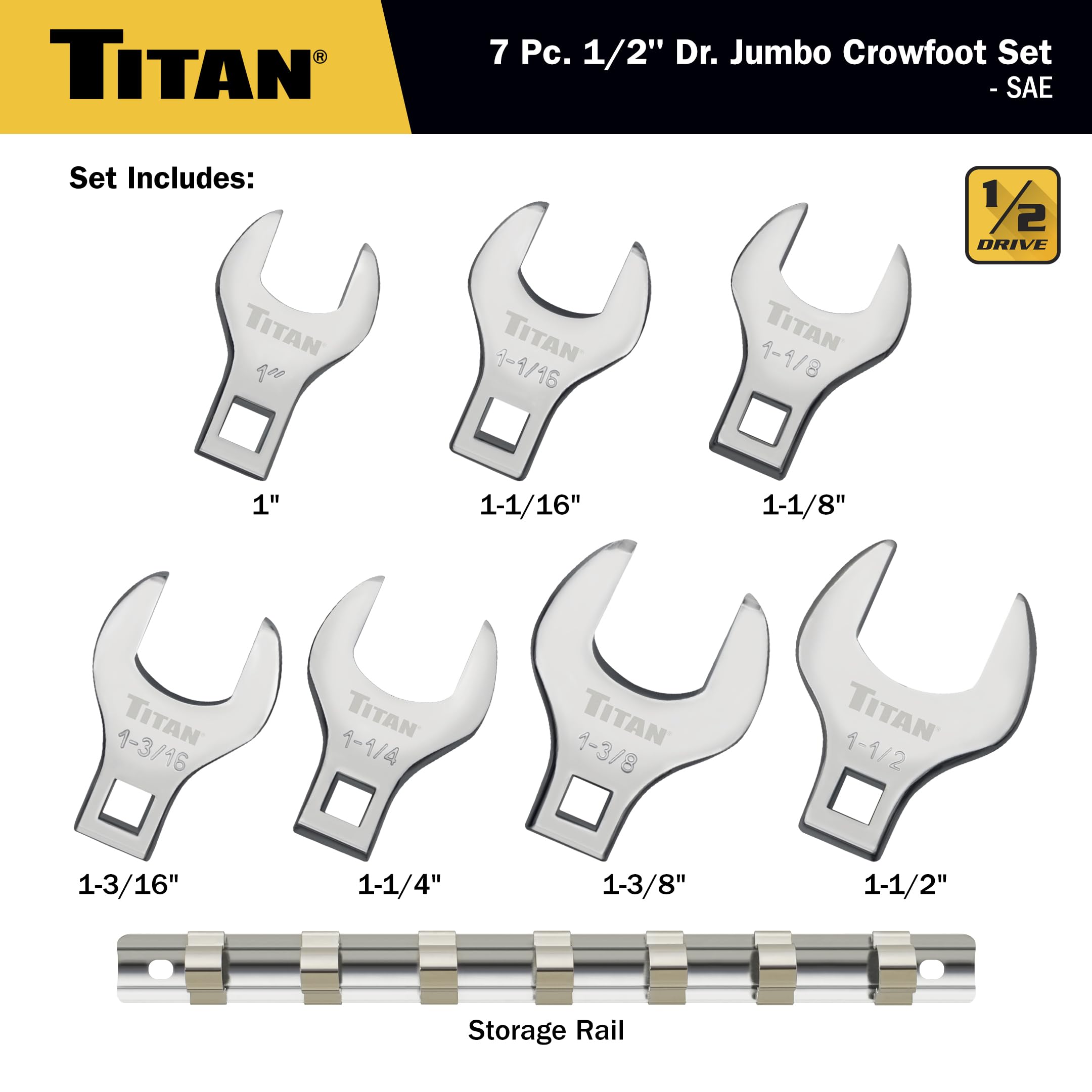 Titan 17671 Jeu de 7 clés à molette SAE Jumbo Crowfoot 1/2"