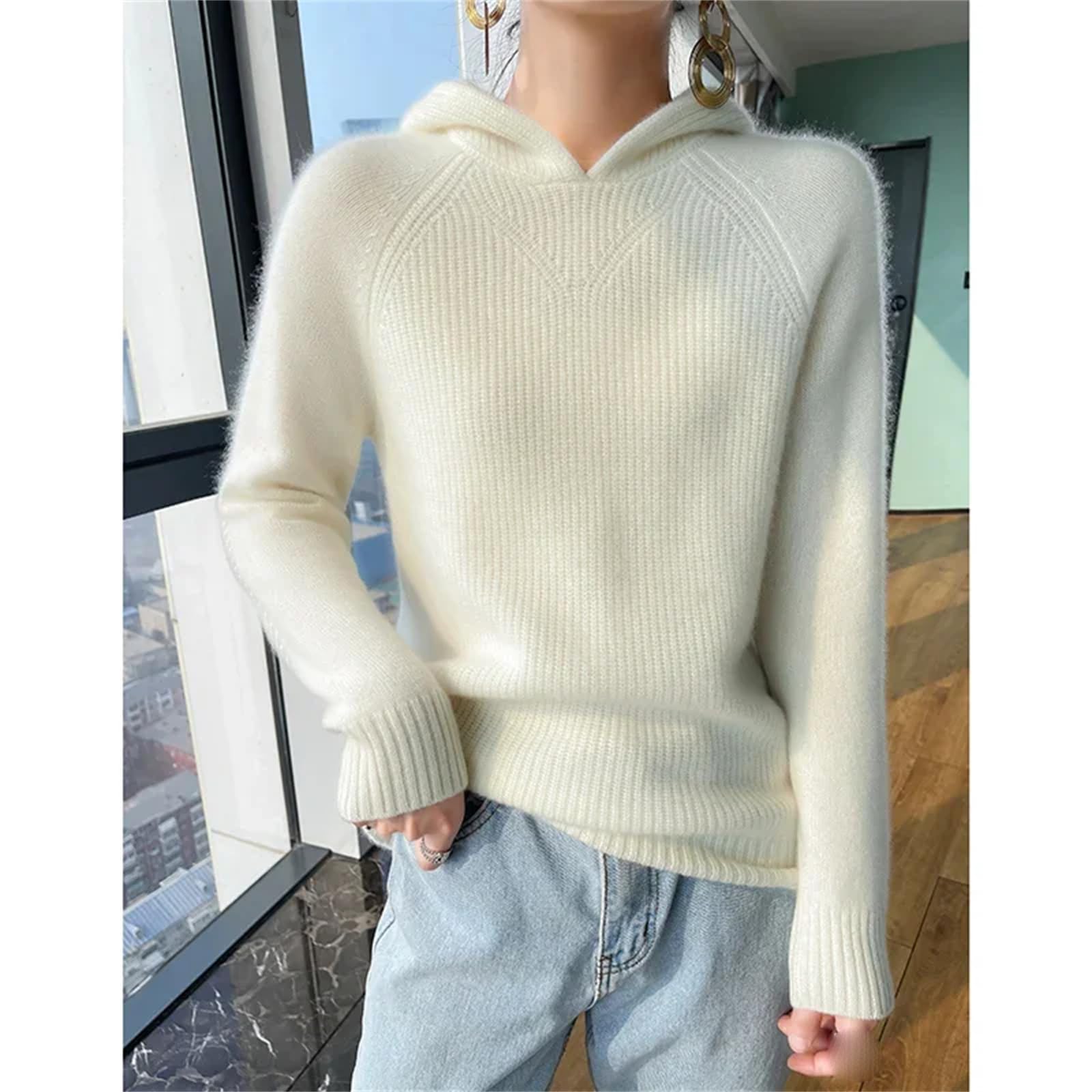 Yeuyyben Maglione da donna in cashmere con cappuccio allentato casual da donna maglioni invernali con cappuccio a maniche lunghe, Riso Crudo Fleece, XS
