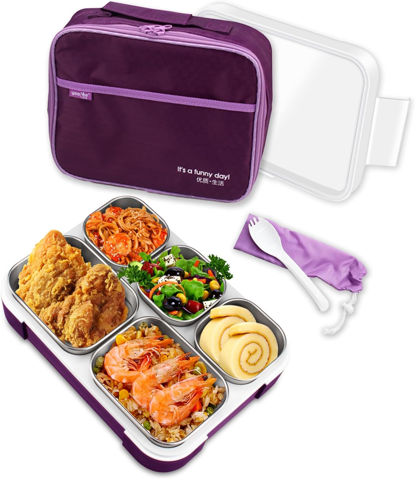 Thermal Bento Lunch Box Stainless Steel, 5 Separate Stackable Containers For Adults & Kids With Portable Lunch Box Bag & tableware — Microwave/Dishwasher/Freezer Safe — BPA (Purple, 1000 ML)