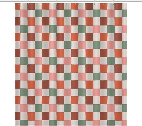 Checkered Shower Curtain Retro Funny 60S 70S Colorful Checkerboard Abstract Aesthetic Art Print Waterproof Bath Curtain for Bathroom Decor with 12