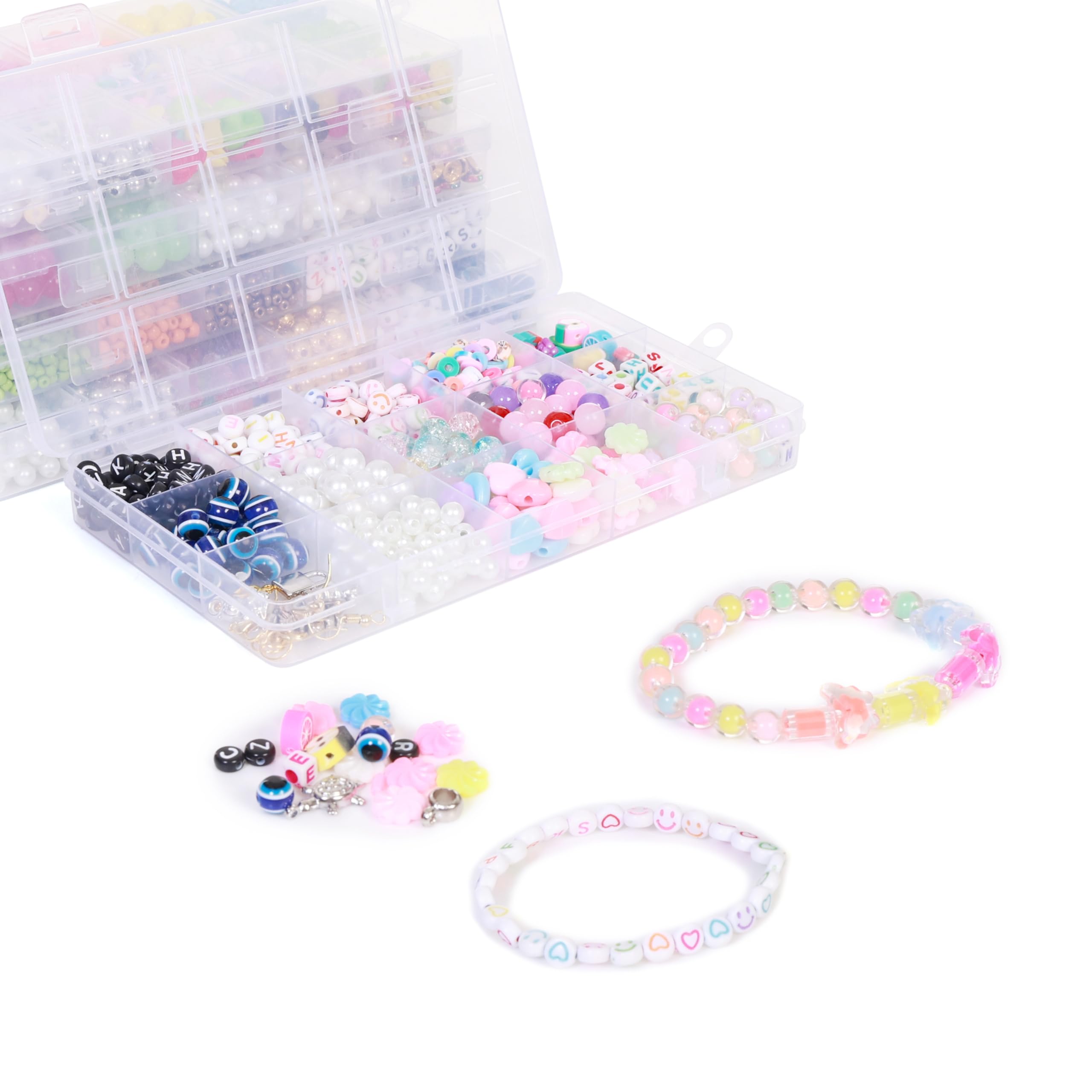 Ambitieux 15-Compartment Bracelet Making Kit for Girls & Kids – 400+ Beads Including Evil Eye, Pearl, Alphabet, Smileys, Hearts, Charms & Tools – DIY Jewelry Craft Set with Cutter, Elastic Thread & Gift Bag Birthday girls 2 3 4 5 6 7 8 9 years (All mix) - Image 5 thumbnail