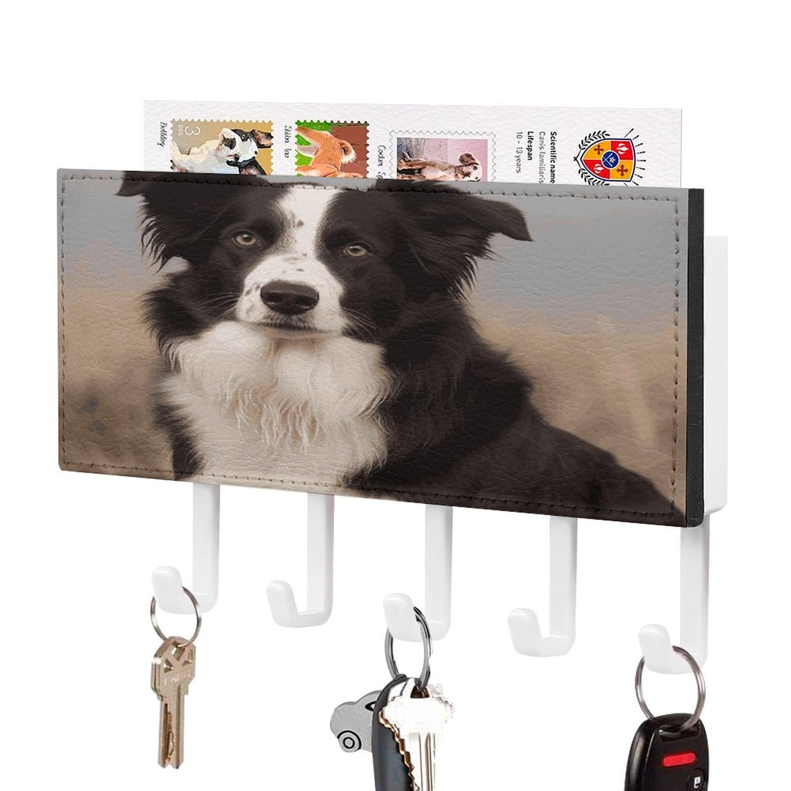 Vstadank White-Style Border Collie Key Holder For Wall Key Holder Wall Mount Adhesive With Mail Organizer Tray Adhesive Metal Key Rack With 5 Hooks Hanger Pu Leather Key Hanger For Entryway