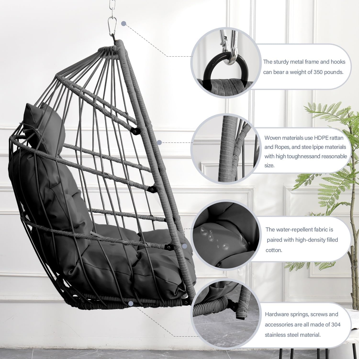 Outdoor Garden Rattan Egg Swing Chair Hanging Chair PE Hanging Chair(Gray+Gray)