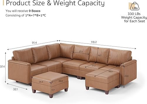 Miniatura 2 de SITJOY Sofás modulares de piel sintética para sala de estar, sofá seccional, modular convertible en forma de U, con almacenamiento y otomana, color