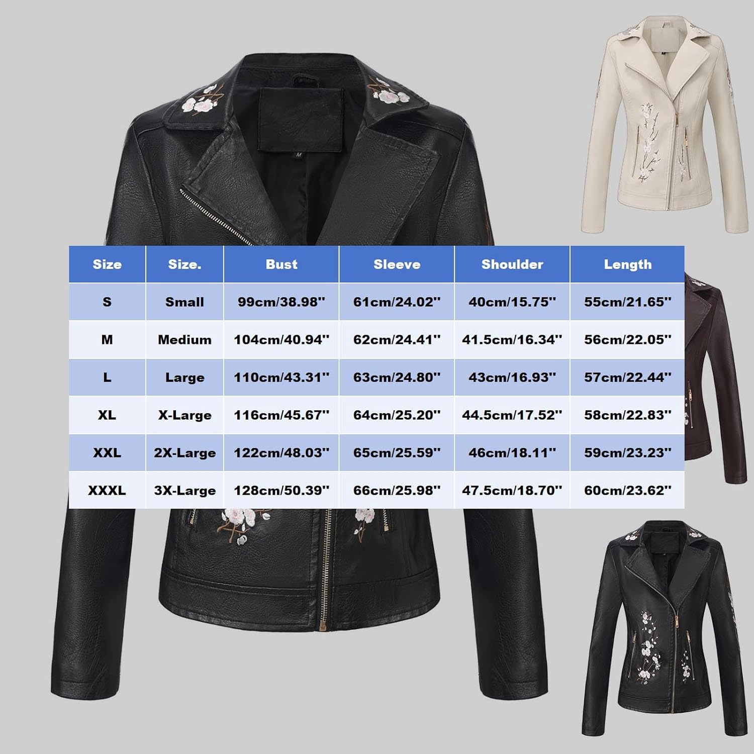 Oplxuo Women Faux Leather Jacket Embroidered Floral Moto Biker Coat Lapel Long Sleeve Zip Up Jackets with Zipper Pockets