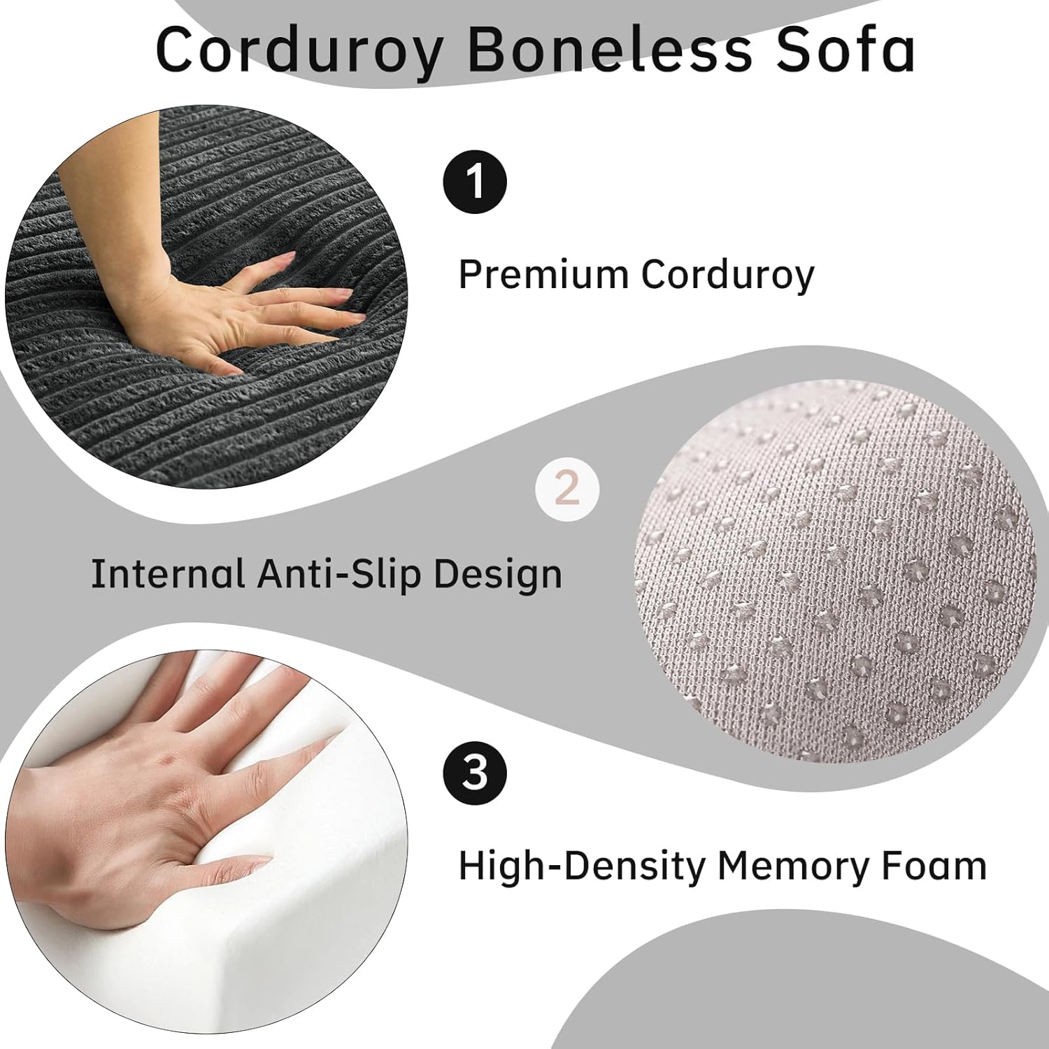 48'' Chaise Lounge Chair Indoor, Oversized Corduroy Upholstered Boneless Sofa Couch, Cloud-Like Sofa Bed with Ottoman for Living Room/Bedroom/Lounge (Dark Gray)