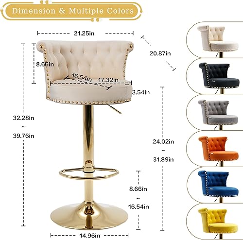Miniatura 10 de Juego de 2 taburetes de bar de terciopelo con altura de mostrador, taburetes de bar giratorios con respaldo y reposapiés, modernas sillas de bar