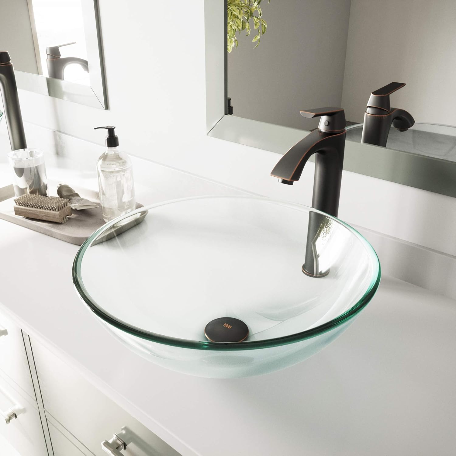 Vigo Vessel Sink Transparent - 17” Artistic Round Bowl Sink for Bathrooms, Tempered Glass Above Counter Bathroom Sink with NonStickShield, QuickDrain & TempGuard, Modern Luxury Design