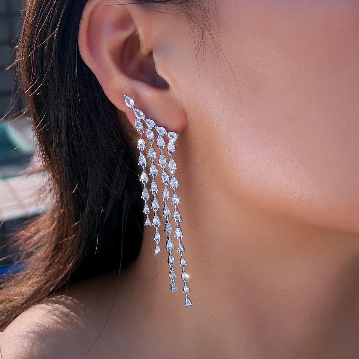 Luxury Long Tassel Wedding Earrings, White Cubic Zirconia Drop Dangle Bridal Party Statement Jewelry